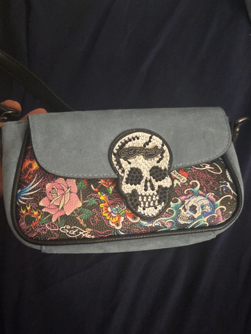 Ed Hardy Blue Floral Shoulder Bag with Rhinestone Skull